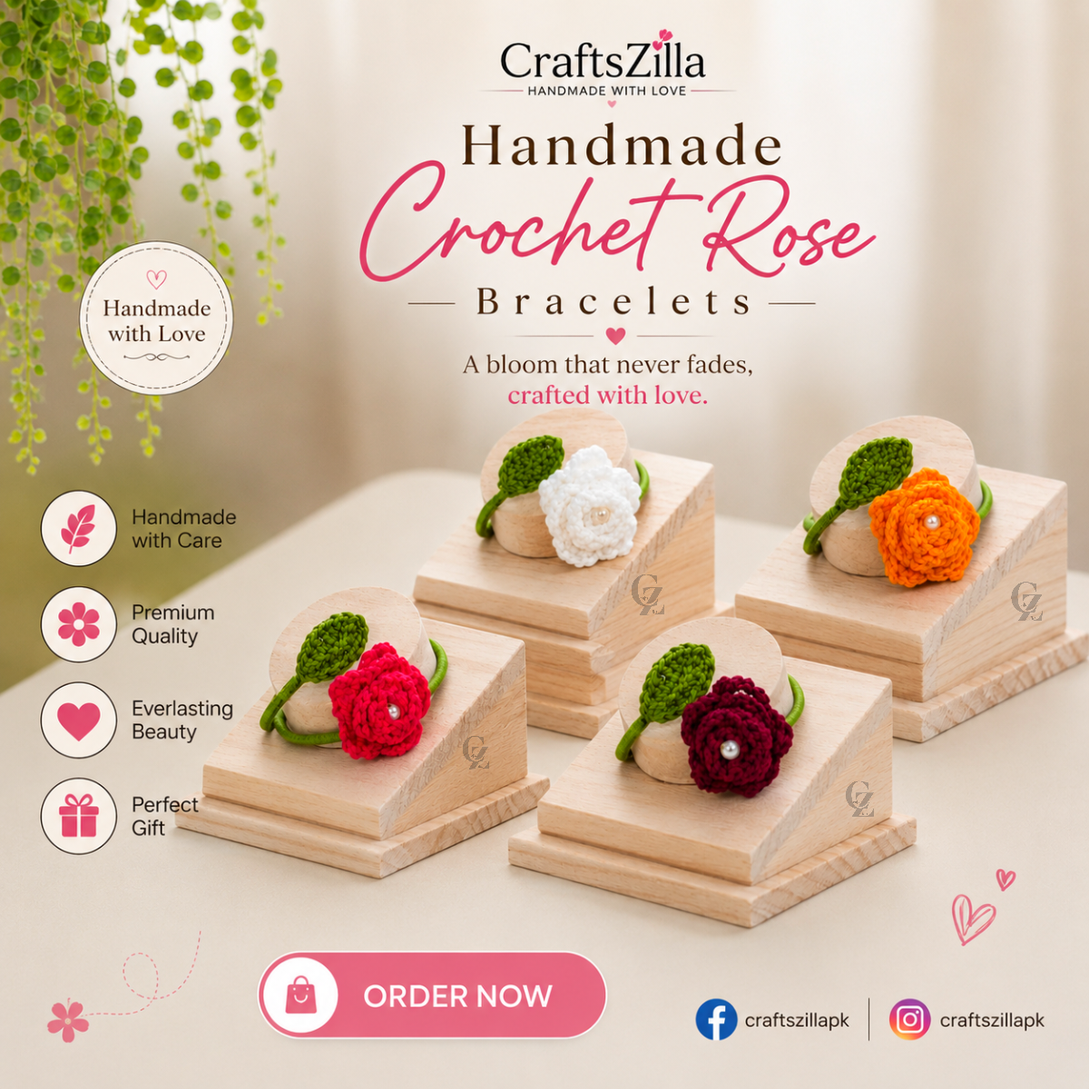 CraftsZilla Handmade Crochet Rose Bracelets promotional graphic showing four wooden display stands with crocheted rose bracelets in white, orange, red, and maroon, with marketing text and social media icons.