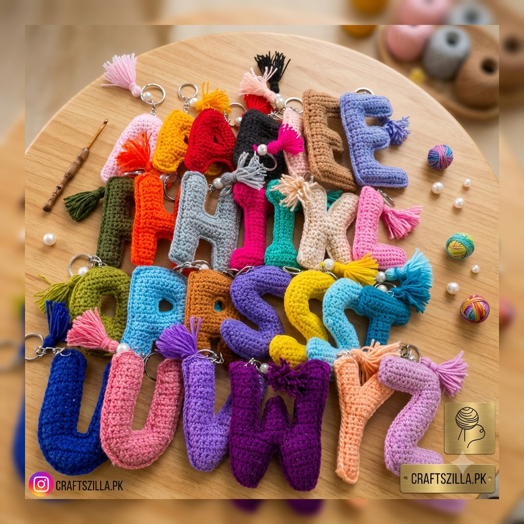 A set of colorful crocheted alphabet letter keychains arranged on a round wooden tray. The letters span multiple colors including blue, pink, purple, orange, yellow, green, and brown, each with a tassel and metal key ring.