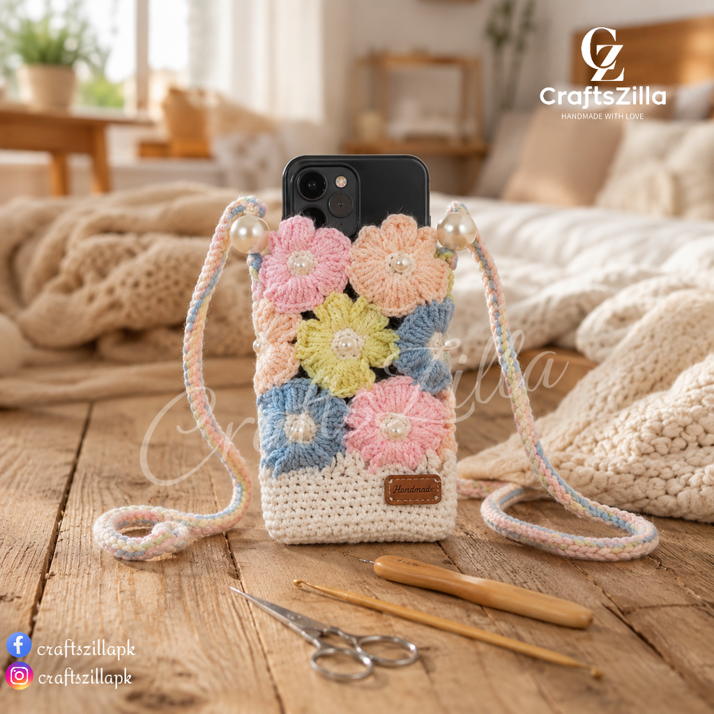A lifestyle product photograph of a handmade crochet floral crossbody phone pouch displayed upright on a rustic wooden table in a warm, cozy home setting. The pouch features pastel pink, peach, yellow, blue, and white granny-square flowers with pearl embellishments, a white crocheted base, and a pastel braided shoulder strap with large pearl beads near the top. A black smartphone is partially visible inside the pouch. In the foreground are a crochet hook and small embroidery scissors, while the softly blurr