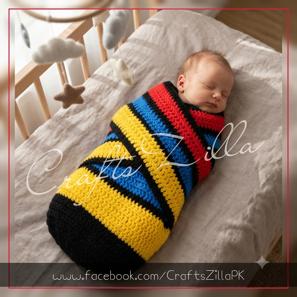 A newborn baby is sleeping while wrapped in a handmade crocheted blanket with bold stripes of yellow, blue, red, and black. The baby is lying on a white sheet inside a wooden crib with a cloud mobile hanging nearby.