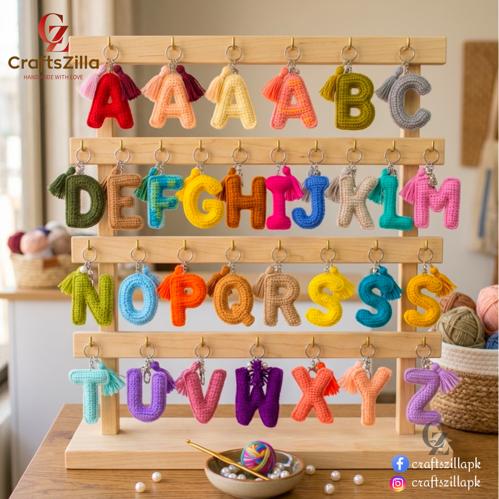 A wooden alphabet letter display stand holding colorful crocheted alphabet letters, with the brand name CraftsZilla shown in the top left corner.