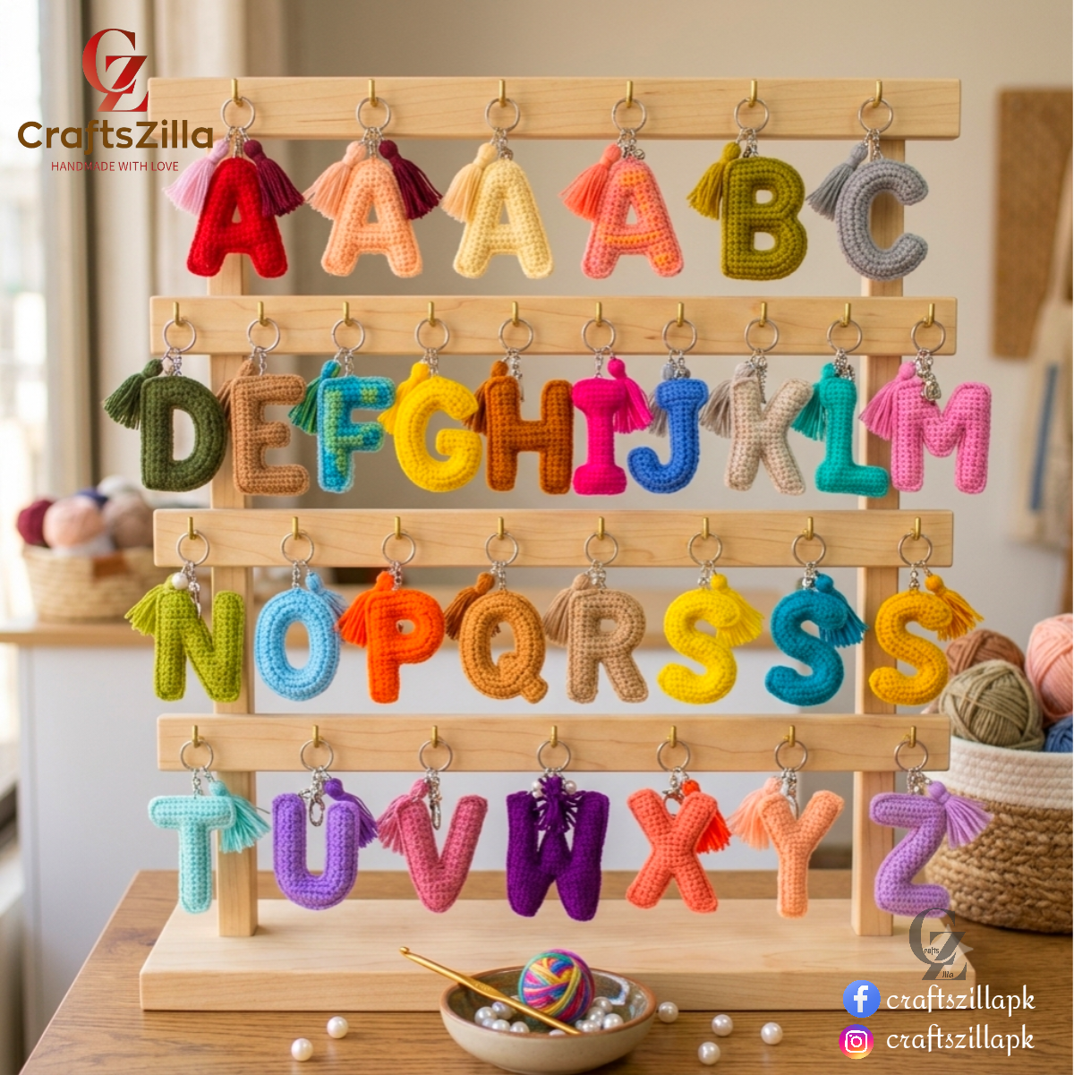 A wooden alphabet letter display stand holding colorful crocheted alphabet letters, with the brand name CraftsZilla shown in the top left corner.