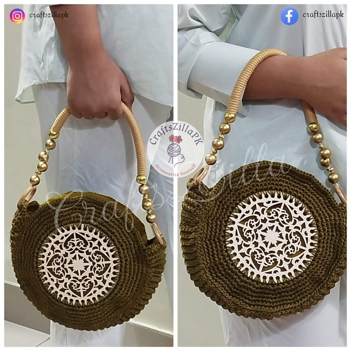 Crochet Bag with Round Wooden Sides