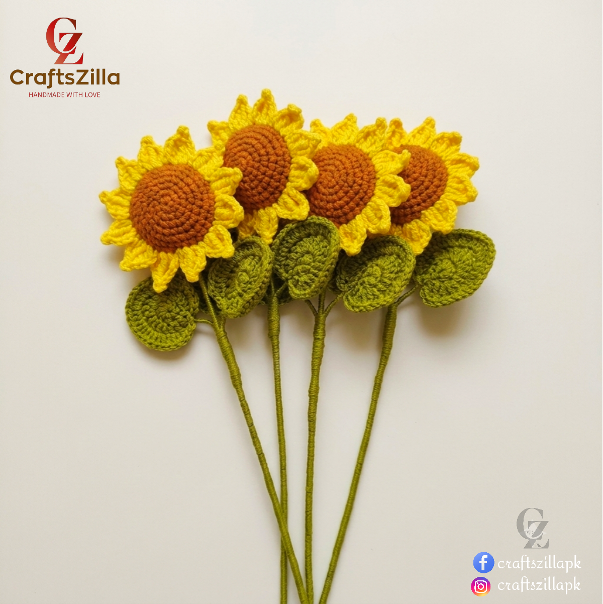 Five crocheted sunflower crafts on stems, featuring yellow petals, brown centers, and green leaves, displayed on a light off-white background with the CraftsZilla brand logo.